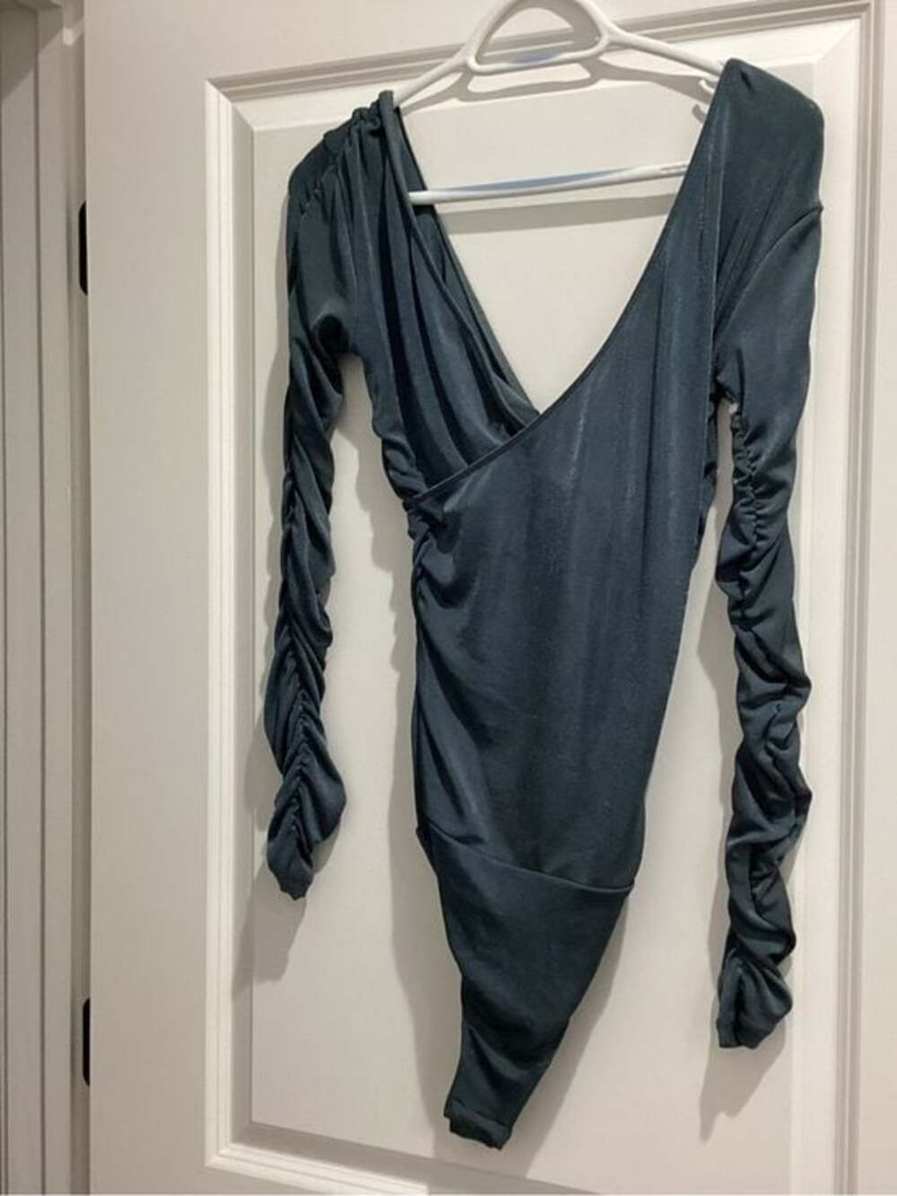 Free People One-Shoulder Ruched Long-Sleeve Bodysuit - Slate Blue -NWOT - Size M
